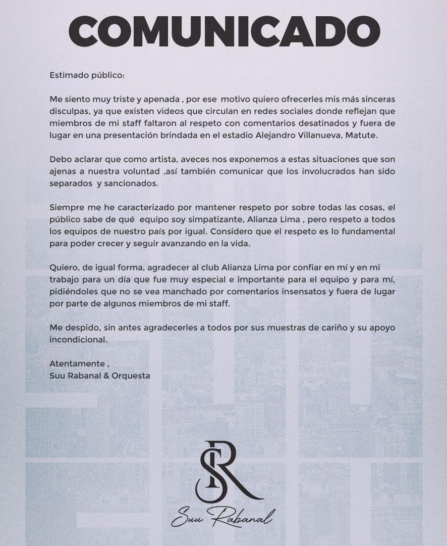 El comunicado de Suu Rabanal donde ofrece disculpas a la hinchada de Alianza Lima.