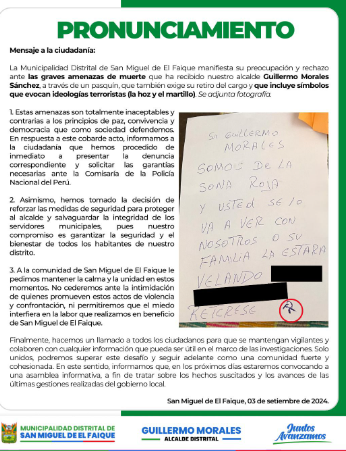 Municipalidad de San Miguel de El Faique rechaza amenazas "terroristas".