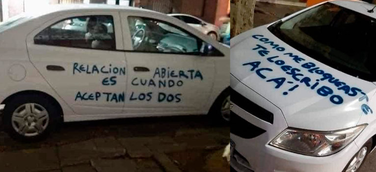 Mujer deja polmicas frases en el auto de su novio por infiel.