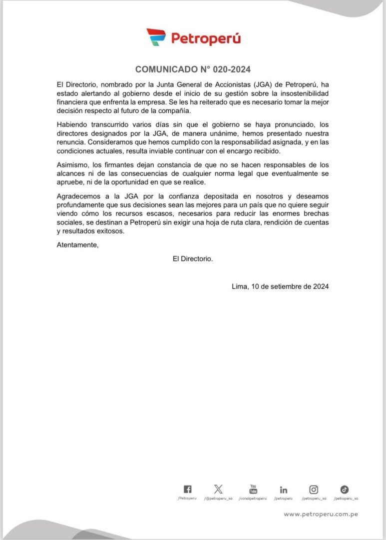 Comunicado del Directorio de Petroper