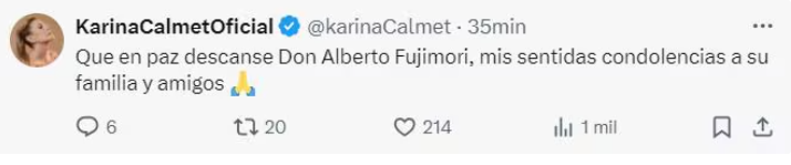 Karina Calmet da el psame a la familia de Alberto Fujimori por su muerte.