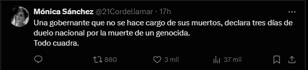 Mnica Snchez critica a Dina Boluarte por realizar duelo nacional por Fujimori y no responder por muertes en protestas.