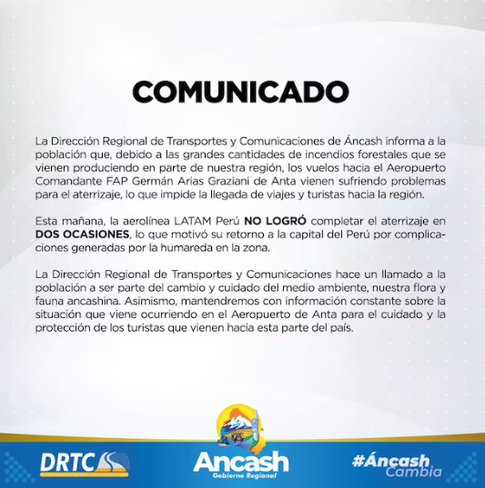 Comunicado de la Dirección Regional de Transportes y Comunicaciones de Áncash.