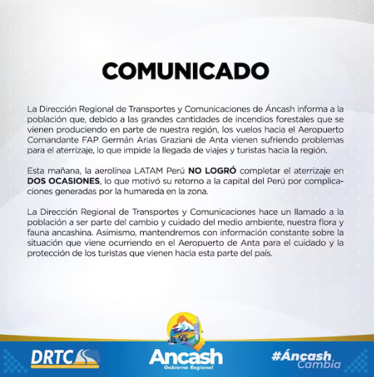 Comunicado de la Direccin Regional de Transportes y Comunicaciones de ncash.