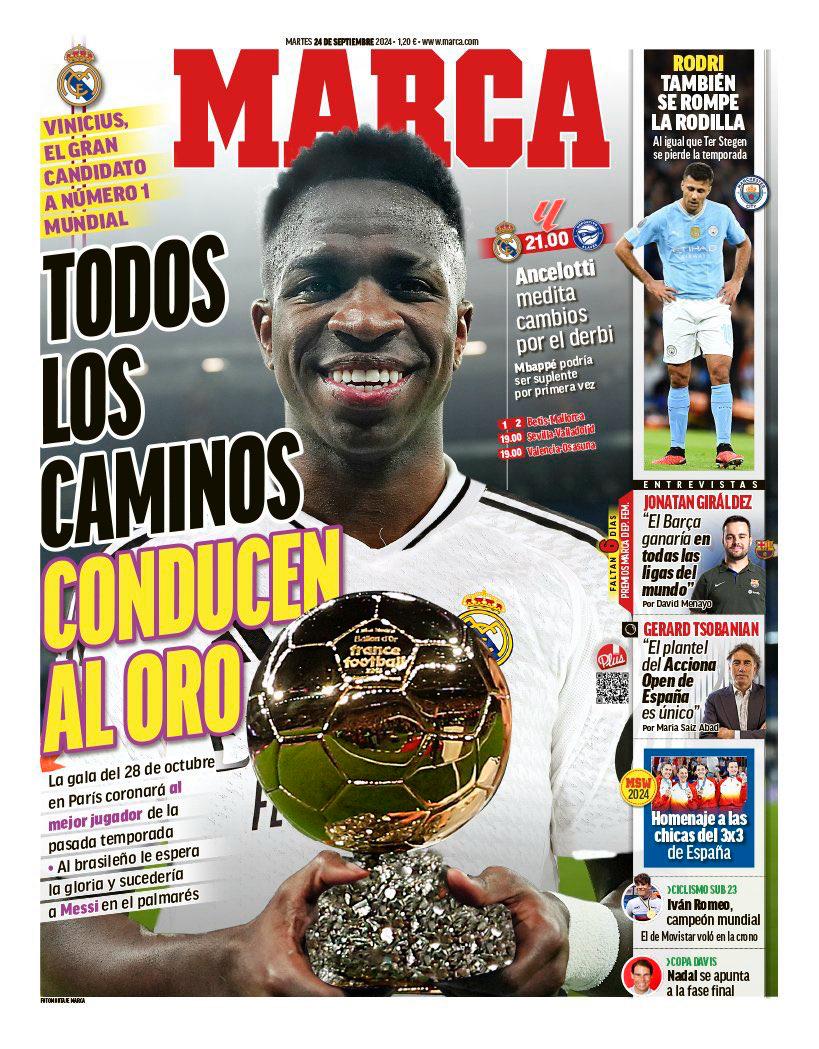 Portada de Marca que indica que Vinicius Junior ser ganador del Baln de Oro.