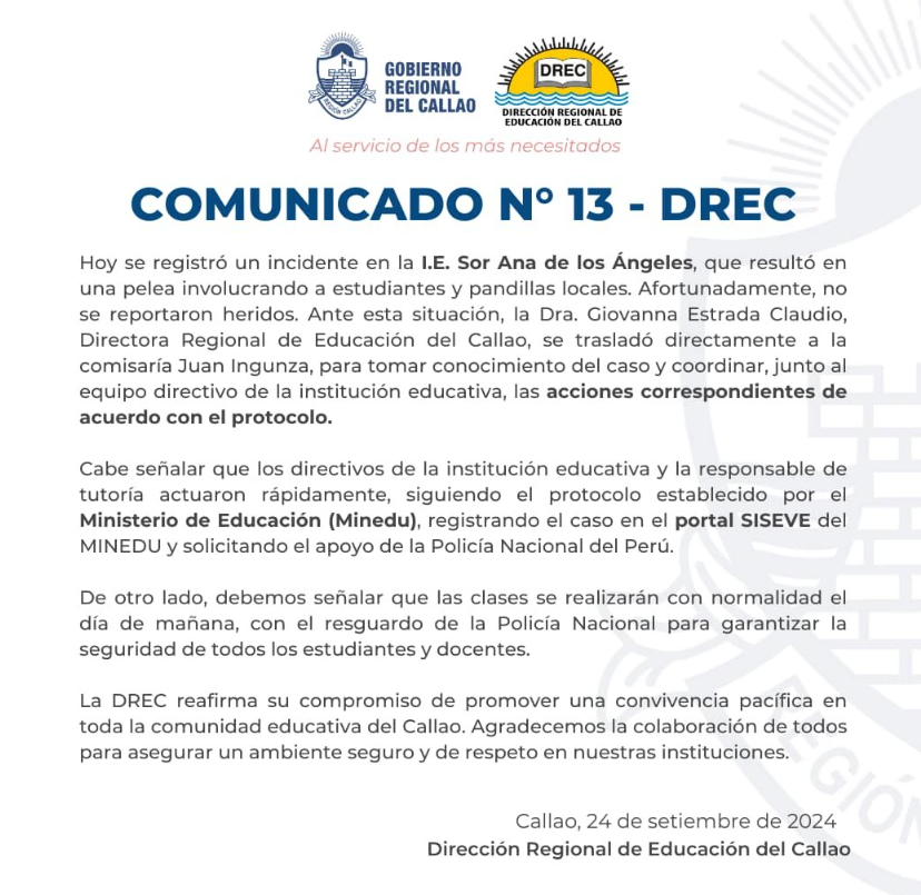 Comunicado de la Direccin Regional del Callao tras enfrentamiento escolar.