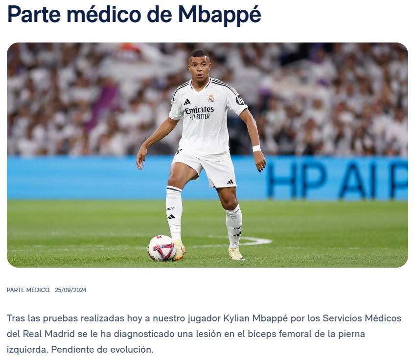 El parte mdico oficial de Real Madrid sobre la lesin de Kylian Mbapp.