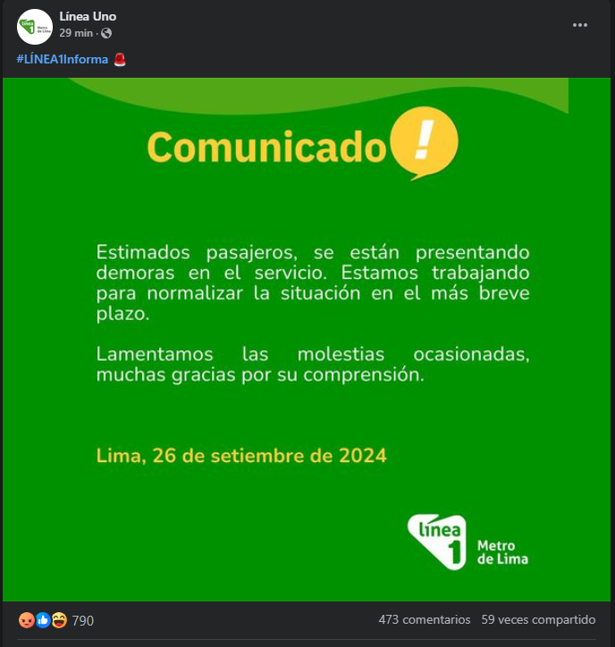 Lnea 1 anuncia demoras en su servicio durante paro de transportistas.