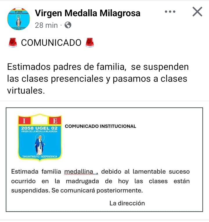 Colegio Virgen Medalla Milagrosa anuncia clases virtuales tras incendio.