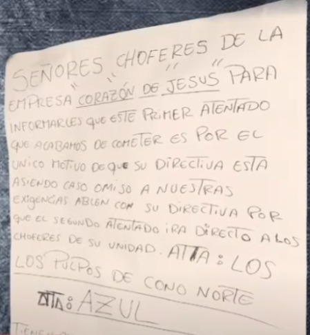 Carta amenazante enviada por 'Los Pulpos del Cono Norte' - Fuente: Panamericana.