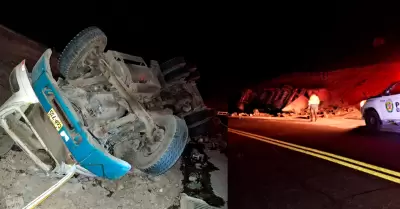 Conductor herido tras volcarse camin en la Quebrada del Toro.