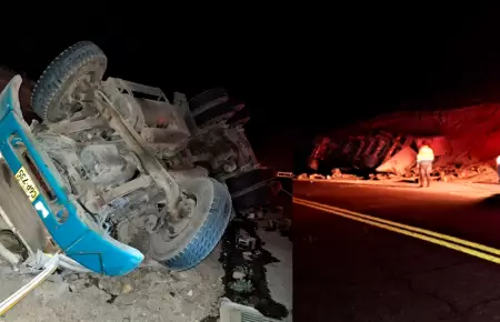 Conductor herido tras volcarse camin en la Quebrada del Toro.