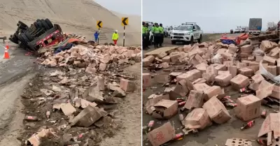 Triler con toneladas de whisky se vuelca en Pasamayo.