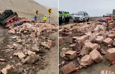 Triler con toneladas de whisky se vuelca en Pasamayo.