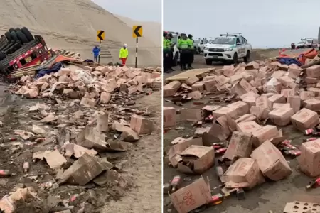 Triler con toneladas de whisky se vuelca en Pasamayo.