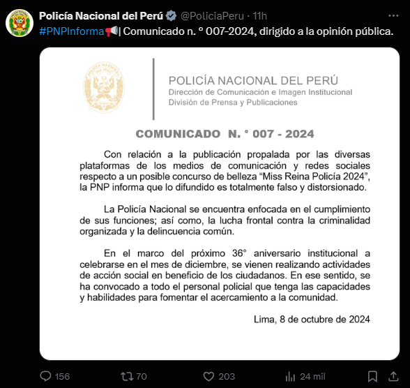 PNP califica como "falso y distorsionado" el anuncio del certamen 'Miss Reina Policía 2024'.