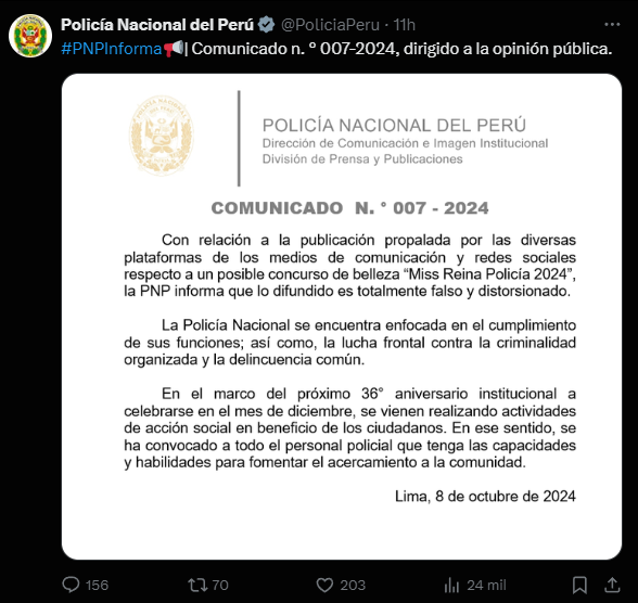 PNP califica como "falso y distorsionado" el anuncio del certamen 'Miss Reina Polica 2024'.