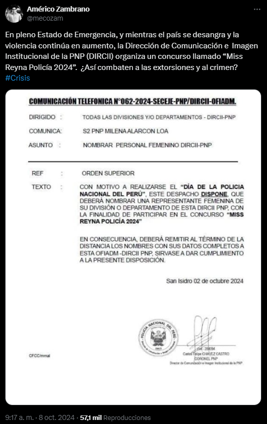 Polémica convocatoria para concurso de belleza 'Miss Reina Policía 2024'.