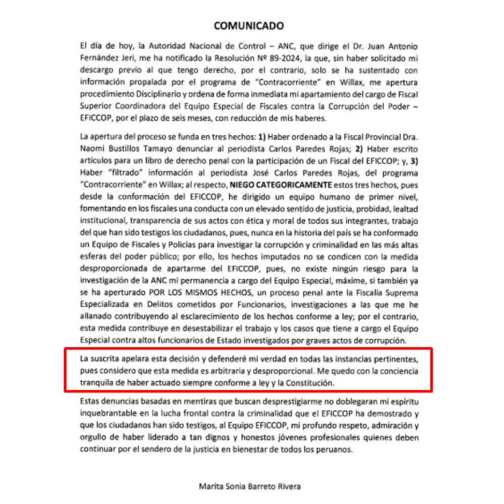 Comunicado de fiscal Marita Barreto, tras ser apartada de Eficcop.