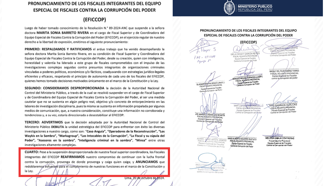 Pronunciamiento del Eficcop sobre suspensin de seis meses de Marita Barreto.