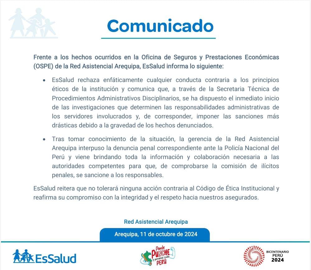 Essalud anuncia medidas tras falta de su personal en Arequipa.