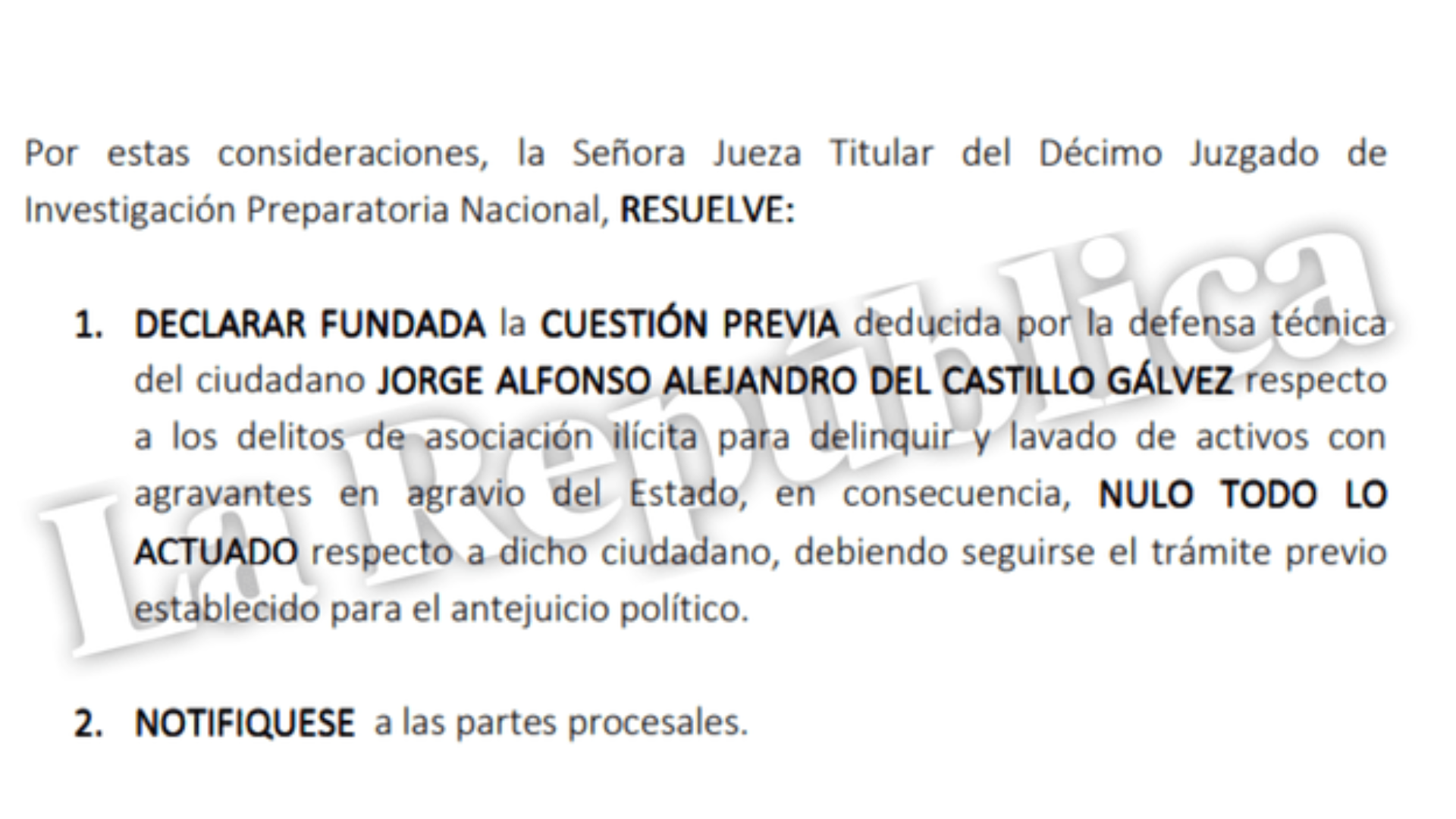 Resolución judicial anula investigación a del Castillo. (Fuente: La República)