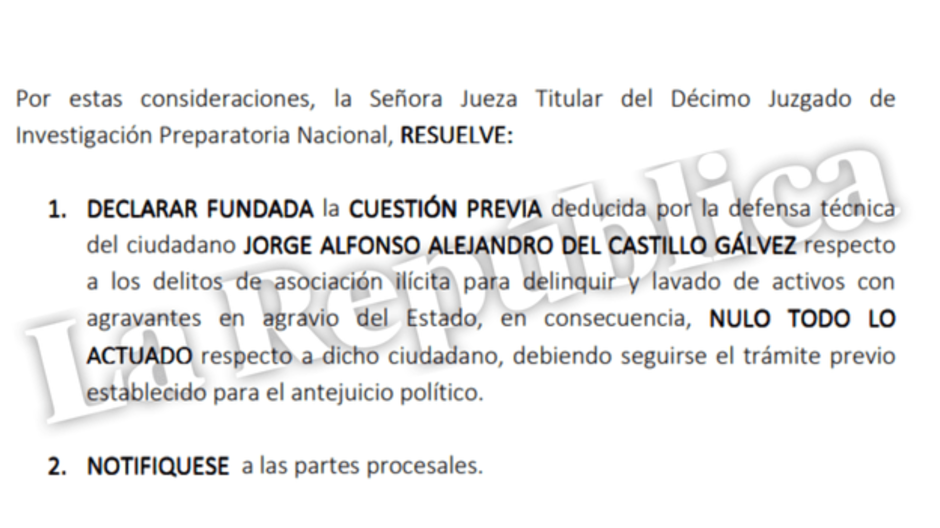 Resolucin judicial anula investigacin a del Castillo. (Fuente: La Repblica)