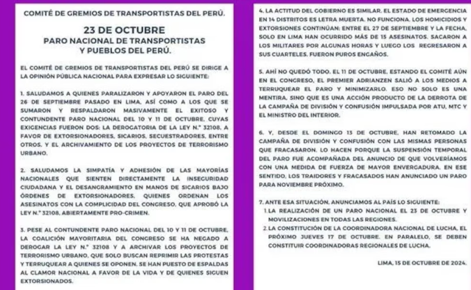 Comunicado del Gremio de transportes del Per donde adelantan el paro nacional para este 23 de octubre.