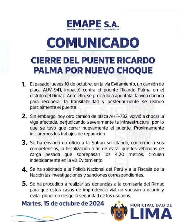 Emape se pronuncia tras cierre de puente Ricardo Palma.