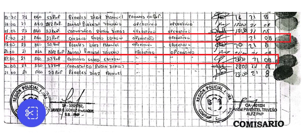 Cuaderno de registro como prueba del PNP Crdova, quien aleg estar en un operativo a las 6:00 p.m.