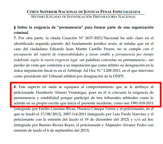 PJ considera que imputacin contra Abanto es diferente al caso Castillo Freyre.