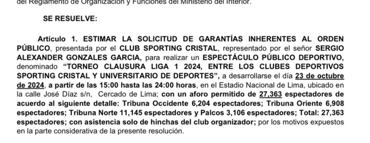 La Polica Nacional otorg las garantas para el Sporting Cristal vs. Universitario.