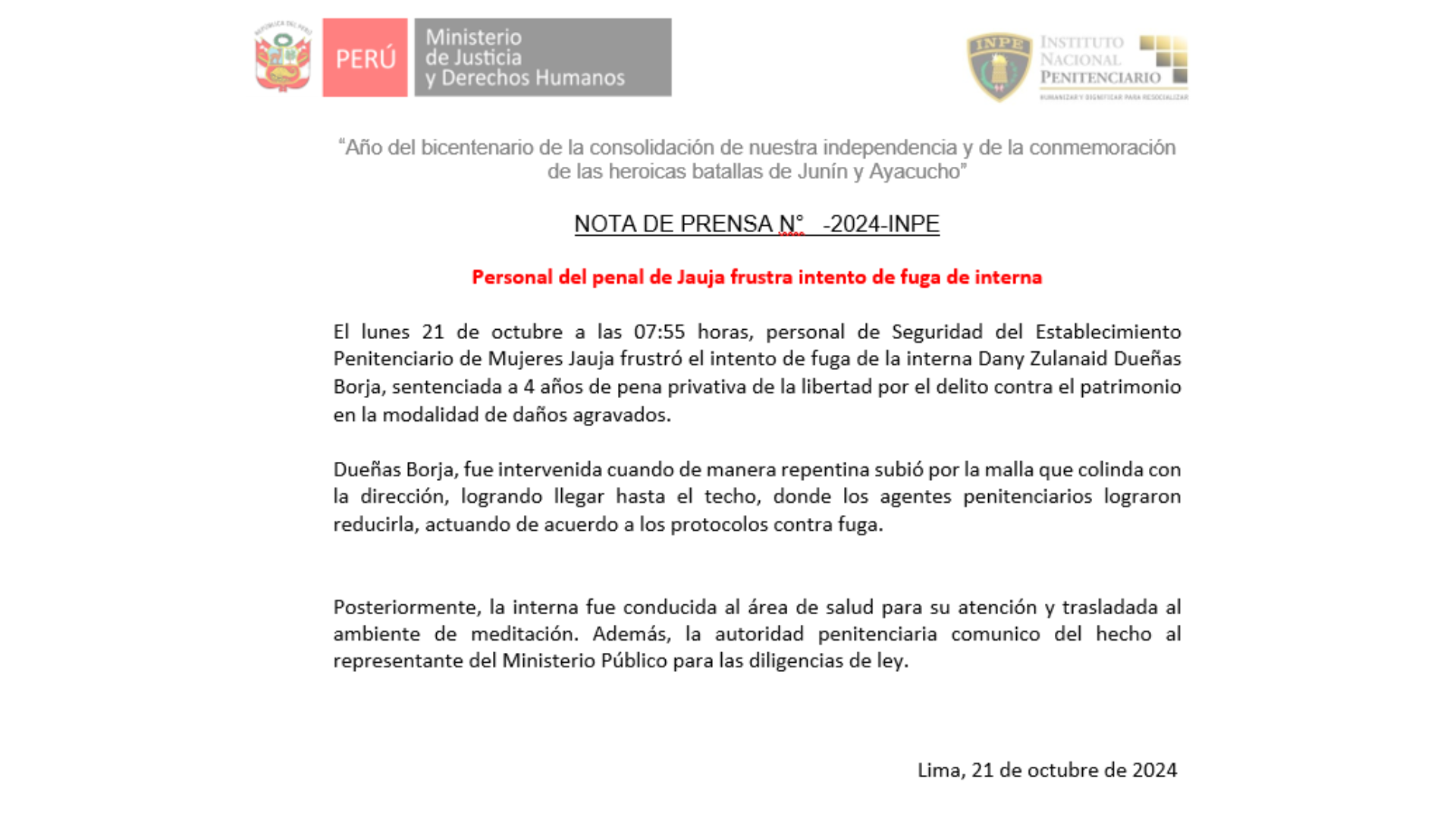 INPE informa sobre lo ocurrido en penal de Jauja.