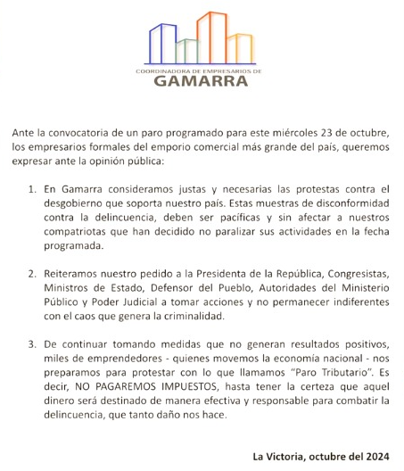 Comerciantes de Gamarra anuncian paro tributario si Gobierno no combate la inseguridad ciudadana.