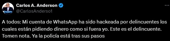 Carlos Anderson denuncia ser vctima de hackeo.