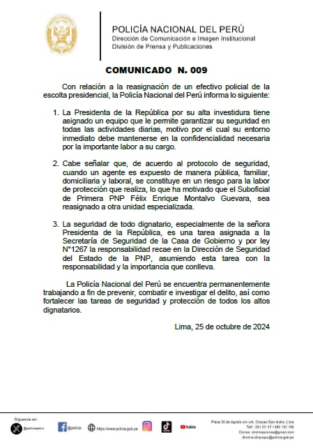 La Polica Nacional del Per emiti un comunicado explicando la remocin de Flix Montalvo de la seguridad presidencial