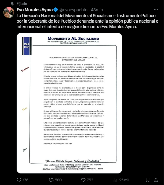 Evo Morales denunci presunto atentado en su contra la maana de hoy, 27 de octubre, en Bolivia.