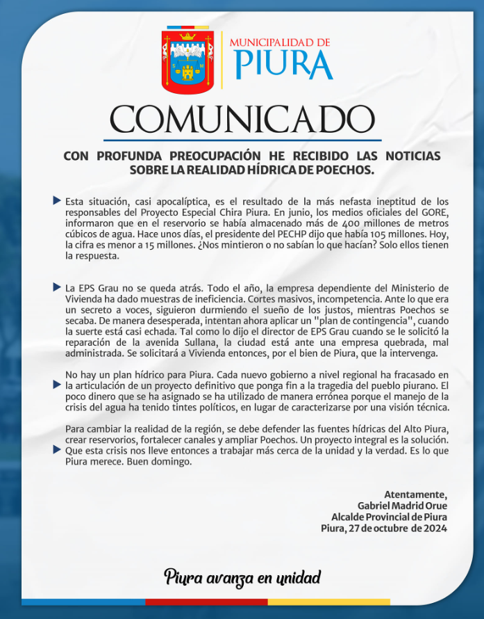 Comunicado de la Municipalidad de Piura ante crisis hdrica.