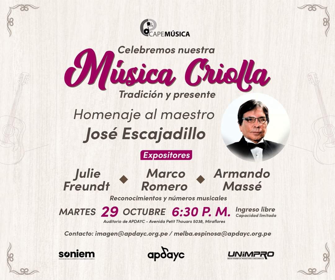 Jos Escajadillo recibir un sentido homenaje este martes 29 de octubre en el auditorio de APDAYC.