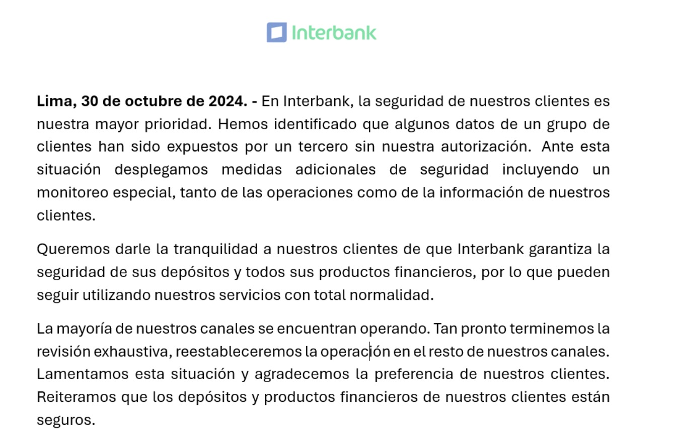 Interbank confirm que su sistema fue hackeado y que los datos de sus clientes fueron expuestos.