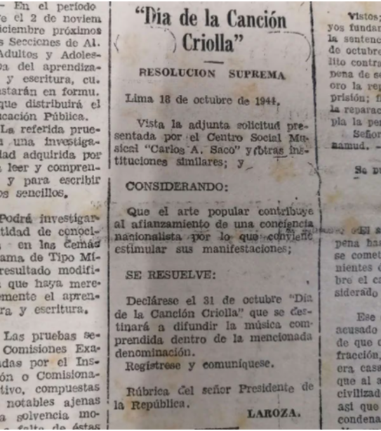 Resolución Suprema que insta a celebrar el 31 de octubre como el 'Día de la Canción Criolla'.