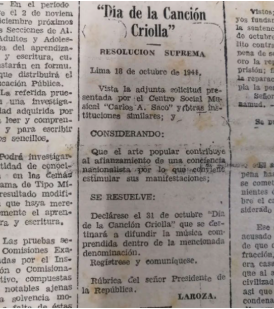 Resolucin Suprema que insta a celebrar el 31 de octubre como el 'Da de la Cancin Criolla'.