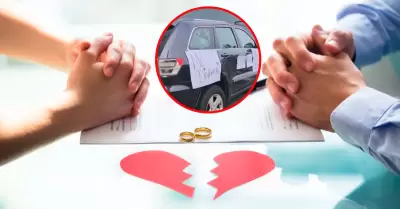 Mujer celebra su divorcio con frases pegas en su auto.