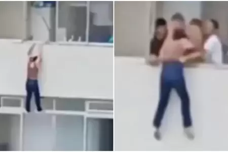 Mujer resbala y se queda colgando de edificio