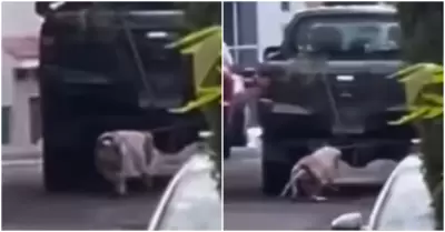 Hombre arrastra a un perrito atado a su camioneta