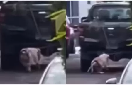 Hombre arrastra a un perrito atado a su camioneta