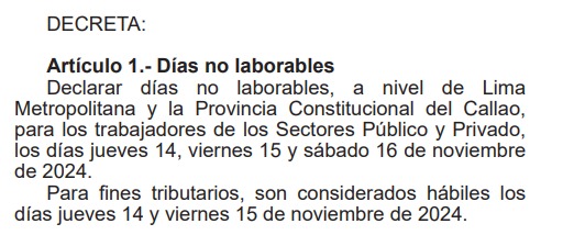 Gobierno declara das no laborables el 14,15 y 16 de noviembre.