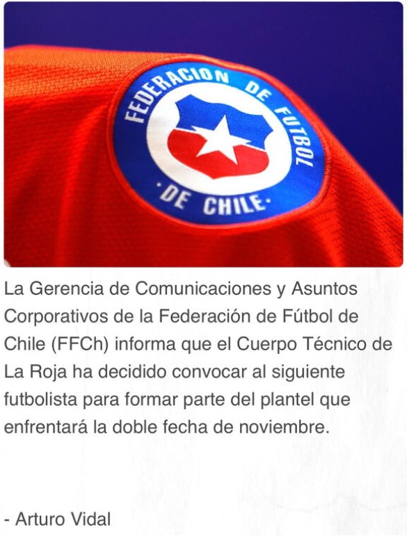 La Federacin de Ftbol de Chile anunci la convocatoria de Arturo Vidal.