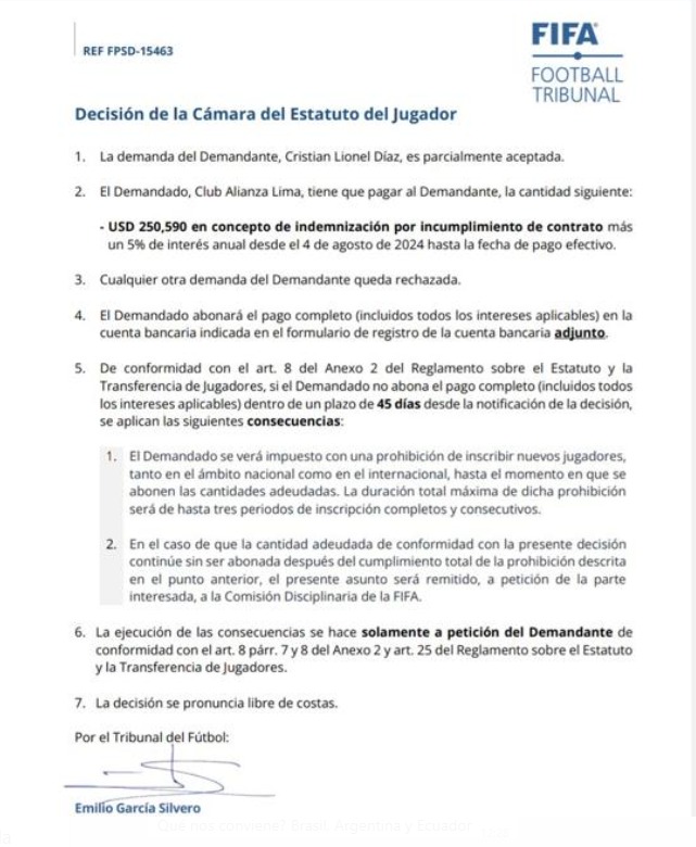 FIFA emiti la resolucin que fall a favor de Cristian Daz por incumplimiento de contrato.