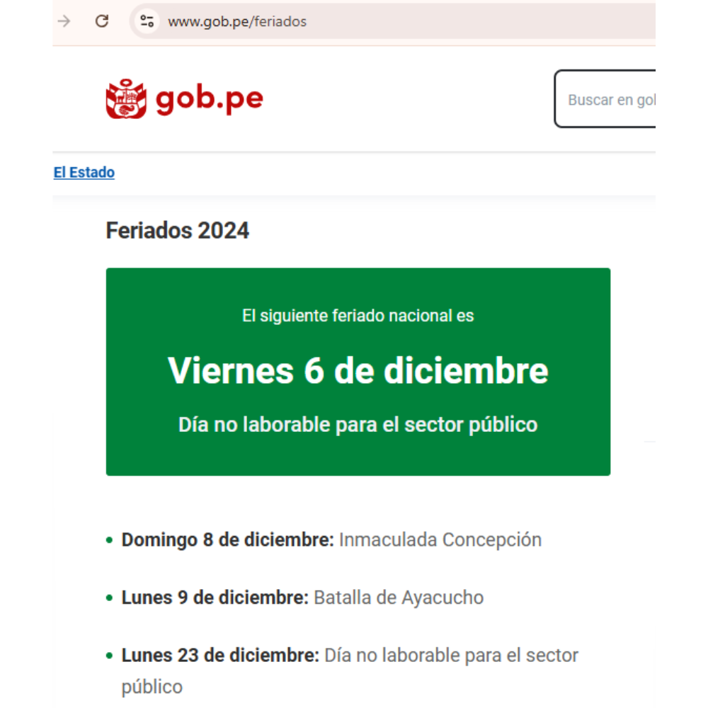 Informacin de prximos das no laborables y feriados. (Fuente: Gobierno del Per)